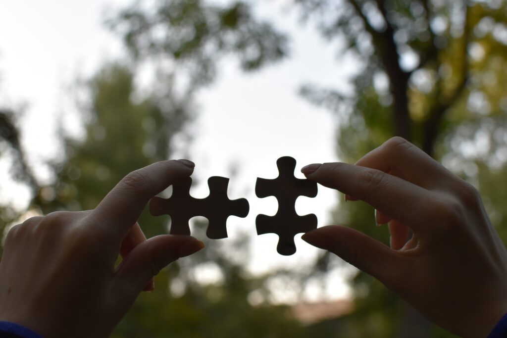 Hands holding 2 pieces of the puzzle in the background of trees