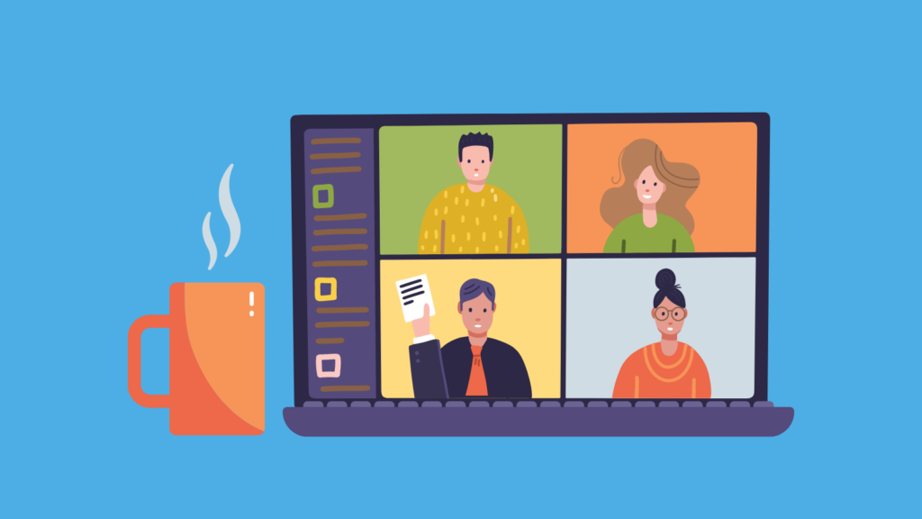 Cartoon of a laptop with a cup of tea by it. On the laptop screen in four individuals on an online video call
