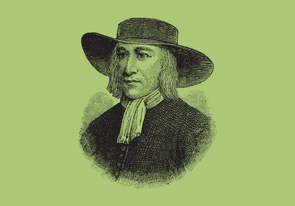 A drawing of George Fox tinted green