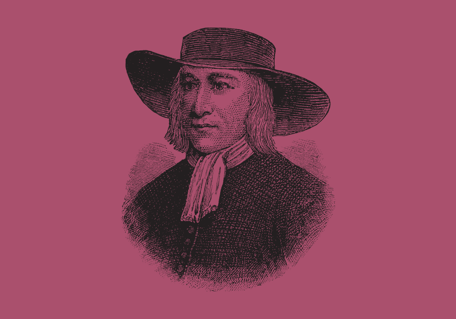 A drawing of George Fox with a purple tint.