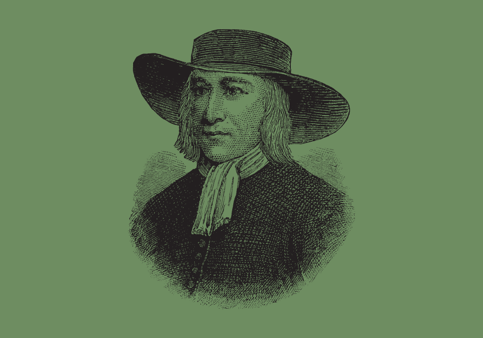 A drawing of George Fox tinted olive green