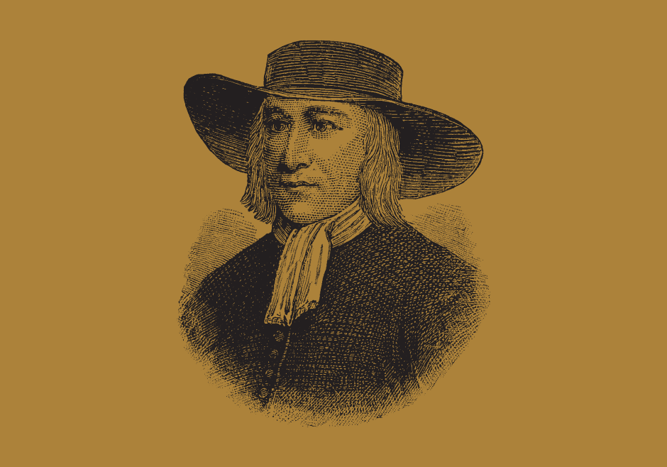 A drawing of George Fox with a brown tinted background