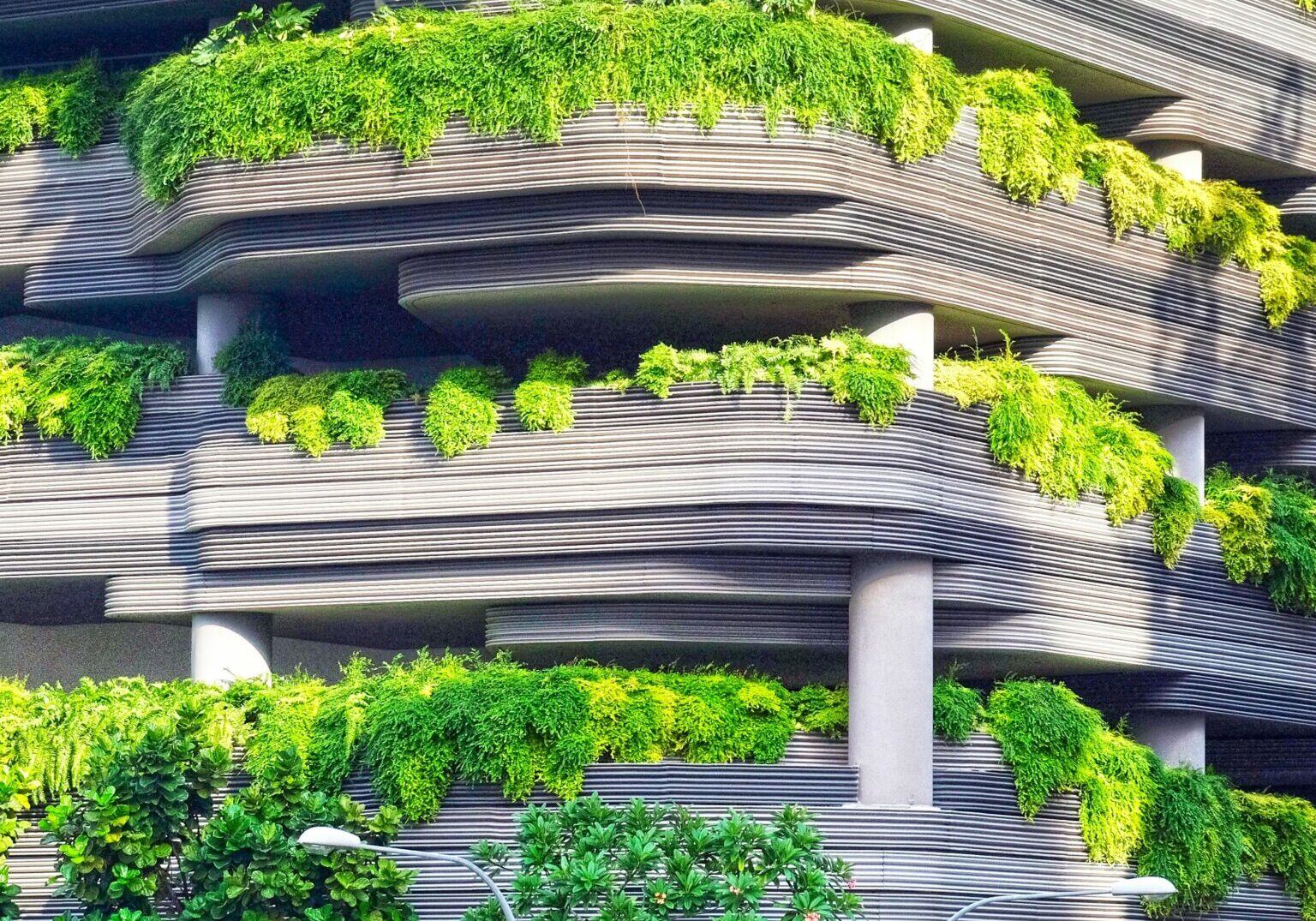 A multistorey building covered in green plants